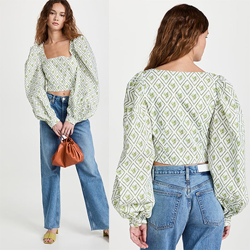 Nwt Caroline Constas Elliot Puff Sleeve Green & White Printed Top Size: Xs